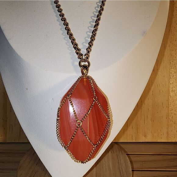 Joan Rivers Chain Wrapped Faux Stone Orange Crystal Pendant Necklace NWOT - Picture 4 of 5